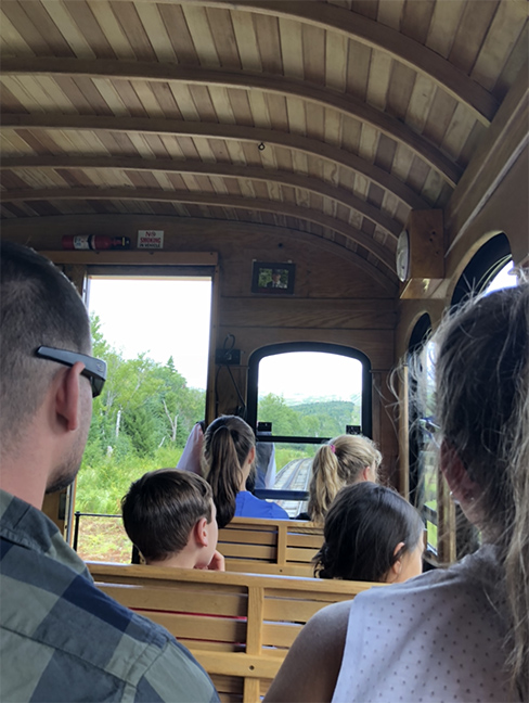 the inside of an old fashioned train with a wooden curved roof with passengers and a view of green and trees in front.