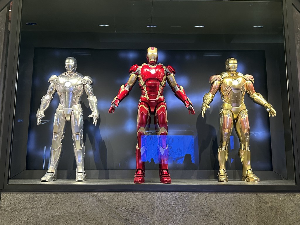 Three Ironman suits, silver, red and golden