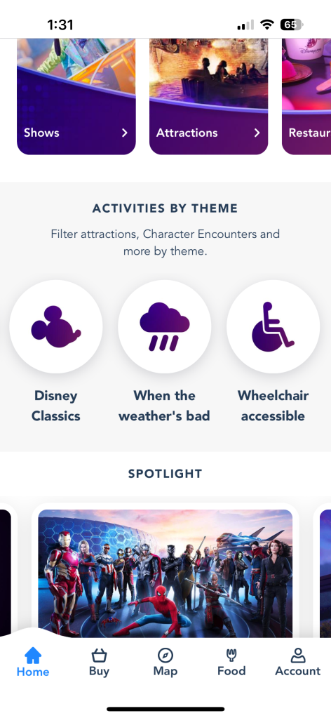 screenshot of Paris Disneyland ap showing Activities by theme, including wheelchair accessible.
