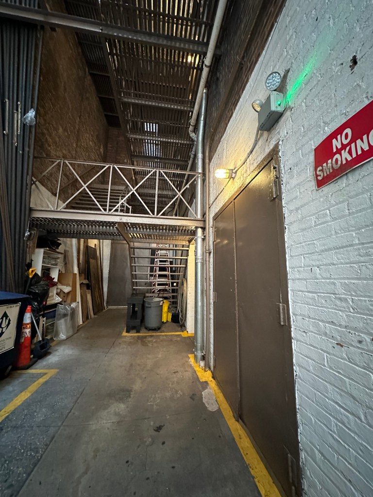 An alley next to a theatre with a door into the theatre with a light over the door.