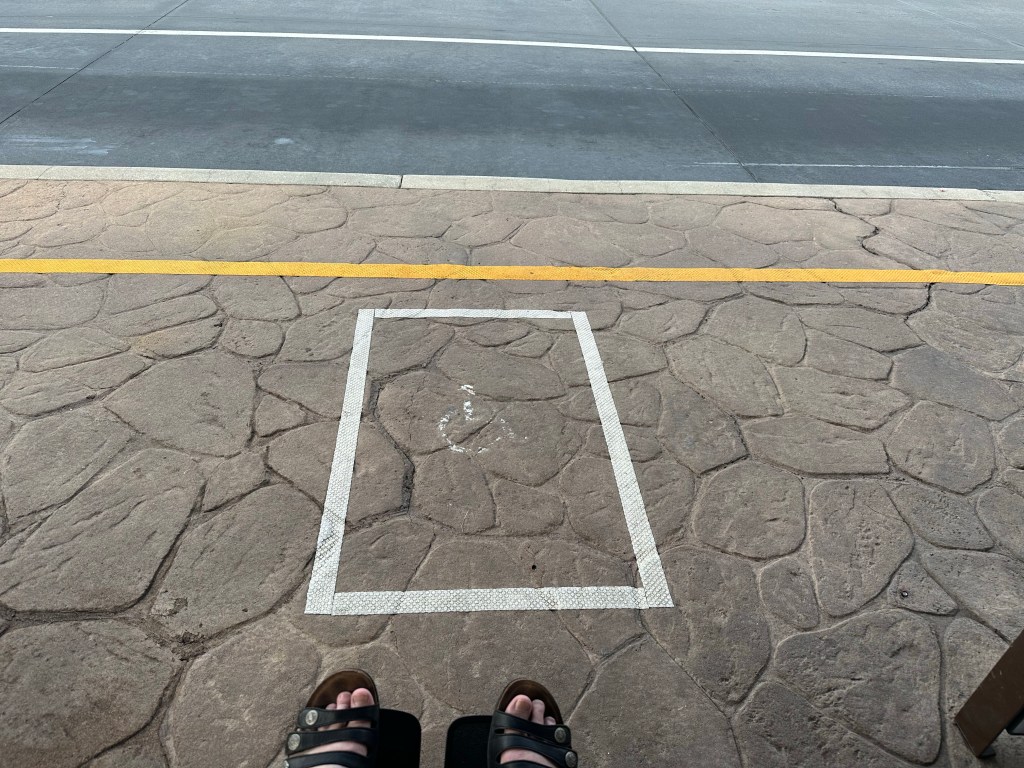 a white box painted on ground with wheelchair symbol in center