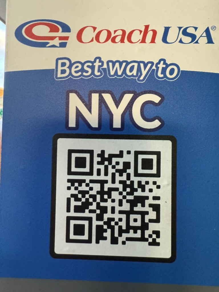 A QR code for the Coach USA site with tickets from EWR into NYC (Grand Central and Bryant Park).